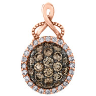 14K Rose Gold Round Brown Diamond Oval Cluster Pendant 0.75" Fancy Charm 7/8 CT.