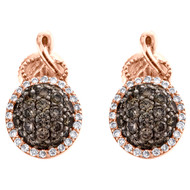 14K Rose Gold Brown Diamond Domed Round Halo Circle Ribbon Dangler Earrings 1 CT