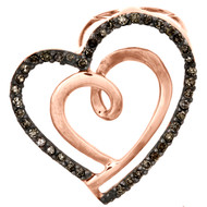 10K Rose Gold Brown Diamond Double Heart Swirl Slide Pendant 0.75" Charm 1/6 CT.