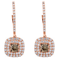 14K Rose Gold Brown Solitaire Diamond Square Halo Dangler Hoop Earrings 2.33 CT.