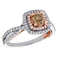 14K Two Tone Gold Solitaire Brown Diamond Double Halo Twist Engagement Ring 1 CT