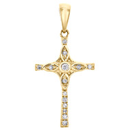10K Yellow Gold Real Diamond Art Deco Filigree Cross Pendant 0.90" Charm 1/12 CT