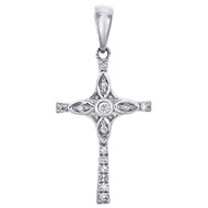 10K White Gold Real Diamond Art Deco Filigree Cross Pendant 0.90" Charm 1/12 CT.