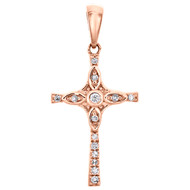 10K Rose Gold Real Diamond Art Deco Filigree Cross Pendant 0.90" Charm 1/12 CT.