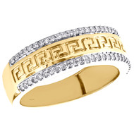 10K Yellow Gold Round Diamond Greek Key 2 Row Wedding Band 7.50mm Ring 1/3 CT.