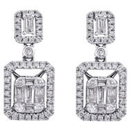 14K White Gold Baguette Diamond Double Rectangle Drop Halo Dangler Earrings 1 CT