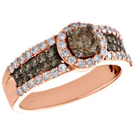 14K Rose Gold Solitaire Brown Diamond Halo 4 Row Shank Engagement Ring 1.25 TCW.