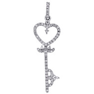 10K White Gold Round Diamond Key Heart Pendant 1.25" Pave Statement Charm 1/5 CT