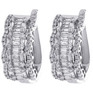 14K White Gold Round & Baguette Diamond Halo Design Fancy Hoop Earrings 1.62 CT.