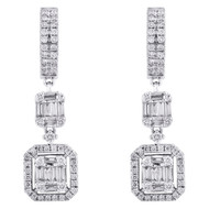 14K White Gold Baguette Diamond Designer Huggie Dangler Earrings Halo Drop 1 CT.