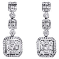 14K White Gold Baguette Diamond Cluster Rectangle Halo Dangler Earrings 1.50 CT.