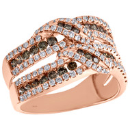 14K Rose Gold White & Brown Diamond Channel Set Crossover Statement Ring 1.33 Ct