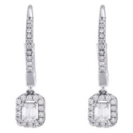 14K White Gold Emerald Solitaire Diamond Drop Hoop Dangler Earrings 1/2 CT.