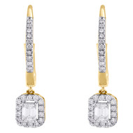 14K Yellow Gold Emerald Solitaire Diamond Drop Hoop Dangler Earrings 1/2 CT.