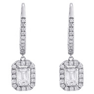 14K White Gold Emerald Solitaire Diamond Halo Drop Hoop Dangler Earrings 1 CT.