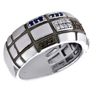 14K White Gold White/Black Diamond Blue Sapphire Band 9mm Statement Ring 1/5 CT.
