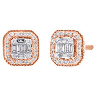 14K Rose Gold Baguette Diamond Milgrain Halo Frame Stud 8.50mm Earrings 3/8 CT.