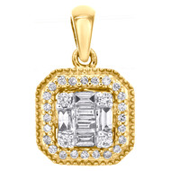 14K Yellow Gold Baguette Diamond Milgrain Edge Small Square Halo Pendant 1/4 CT.