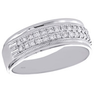 10K White Gold Round Diamond Milgrain Wedding Band 7.50mm Mens Pave Ring 1/2 CT.