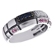 14K White Gold Pink & Blue Sapphire White Diamond Statement Ring 6mm Band 1/4 CT