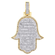 14K Yellow Gold Baguette Diamond 3D Tiered Hamsa Hand Pendant 1.90" Charm 2 CT.