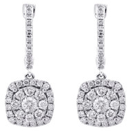 14K White Gold Round Diamond Hoop Square Dangle Earrings 0.90" Halo Drop 1 CT.