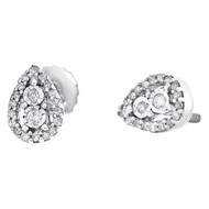 10K White Gold Round Diamond Oval Teardrop Frame Stud Statement Earrings 1/8 CT.