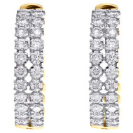 14K Yellow Gold Round Cut Diamond Double Row Hoop 0.95" Prong Set Earrings 2 CT.