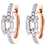 14K Rose Gold Round & Baguette Fancy Diamond Hoop 0.55" Cocktail Earrings 1/3 CT