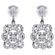 14K White Gold Round & Baguette Diamond Fancy Dangle Drop 0.75" Earrings 1/2 CT.
