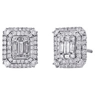 14K White Gold Baguette Diamond Square Double Halo Studs 12mm Earrings 1.20 CT.