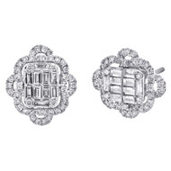 14K White Gold Baguette Diamond Cluster Frame Studs 15mm Fancy Earrings 7/8 CT.