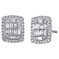 14K White Gold Baguette Cut Diamond Square Halo Studs 11mm Cluster Earrings 1 CT