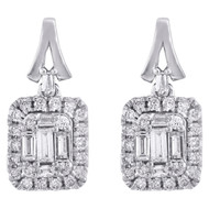 14K White Gold Round & Baguette Diamond Mini Studs Halo Dangler Earrings 1/2 CT.