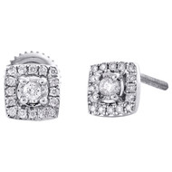 10K White Gold Round Diamond Square Halo Frame Stud 6mm 4 Prong Earrings 1/5 CT.