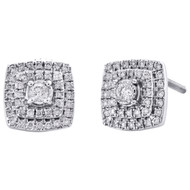 10K White Gold Round Diamond Tier Square Halo Frame Studs 8mm Earrings 1/4 CT.