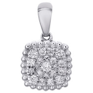 10K White Gold Diamond Milgrain Cushion Frame Cluster Pendant 0.55" Charm 1/6 CT