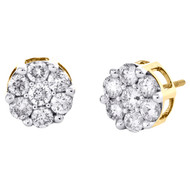 14K Yellow Gold Round Diamond Flower Stud 10mm Prong Set Cluster Earrings 2.1 CT