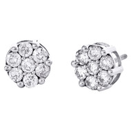 14K White Gold Round Diamond Flower Stud 9mm Prong Set Cluster Earrings 1.70 CT.