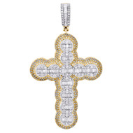 10K Yellow Gold Round & Baguette Diamond Tier Cross Pendant 2.3" Halo Charm 2 CT