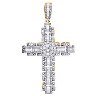 10K Yellow Gold Round & Baguette Diamond Halo Cross Pendant 2.4" Tier Charm 2 CT