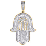 10K Yellow Gold Round & Baguette Diamond Hamsa Hand Pendant 1.90" Charm 1.30 CT.