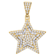 10K Yellow Gold Round & Baguette Diamond Super Star Pendant 1.50" Charm 1.60 CT.