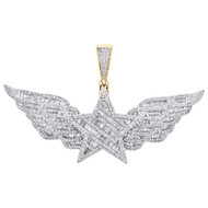 10K Yellow Gold Baguette Diamond Super Star Wing Pendant 1.30" Charm 1.52 CT.