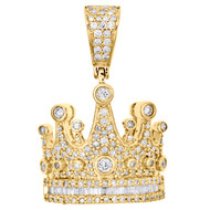 10K Yellow Gold Round & Baguette Diamond Crown King Pendant 1.25" Charm 1.20 CT.