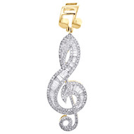10K Yellow Gold Round & Baguette Diamond Music Note Pendant 1.90" Charm 0.93 CT.