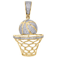10K Yellow Gold Round Diamond Basketball Pendant Mens Pave Hoop Charm 1/3 CT.