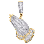 10K Yellow Gold Round & Baguette Diamond Praying Hand Pendant 1.15" Charm 4/7 CT