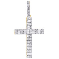 10K Yellow Gold Round & Baguette Diamond Mini Cross Pendant 1.25" Charm 5/8 CT.
