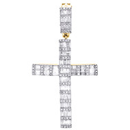 10K Yellow Gold Round & Baguette Real Diamond Cross Pendant 1.75" Charm 1.03 CT.